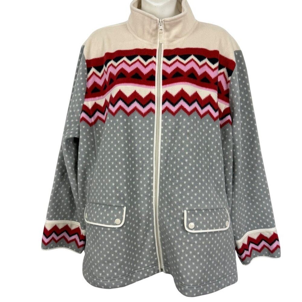 Talbots Woman Fleece Full Zip Gray Red Fair Isle Jacket Plus Warm Cozy sz 3X